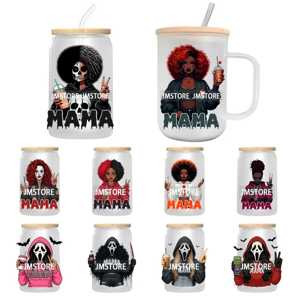 Black Girl Horror Characters Halloween Coffee UV DTF Transfer Sticker Decals Ready To Apply Waterproof For 16OZ Libbey Glass Can