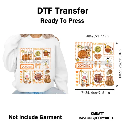 Ghost Coquette Spanish Halloween Pan Dulce Conchas And Cucuy Iron on DTF Washable Transfers Stickers Ready to Press for Textiles