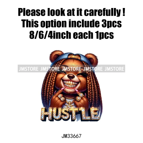 Girl Grillz Hustle Hip Pop Bear Money Quotes Sayings Washable Decals Iron On DTF Transfers Stickers Ready To Press For Clothing