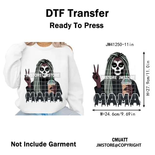 Coffee Lover Afro Mama Spooky Halloween Killer Cartoon Women Iron on Washable DTF Transfers Stickers Ready to Press for Hoodies