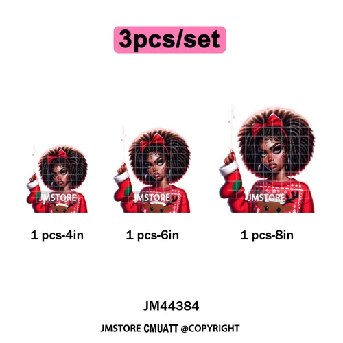 Sassy Afro Women Quirky Girls Santa Christmas Attitude Iron on Washable DTF Heat Transfers Stickers Ready to Press for Textiles