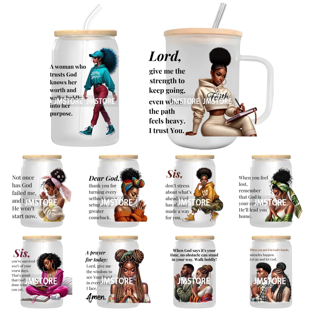 Christian Quotes Afro Pray Girl UV DTF Transfer Stickers Decals Ready To Apply Waterproof For 16OZ Libbey Glass Can Cups Tumbler