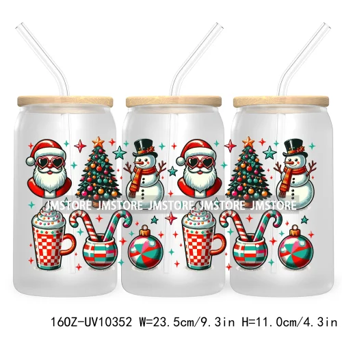 Retro Christmas Santa Claus 16OZ UV Cup Wrap DTF Transfer Stickers For Libbey Glass Can Cups Tumbler Cookie Gingerbread Dog Mom