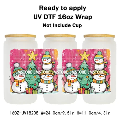 Preppy Brushstroke Christmas Santa Claus 16OZ UV DTF Cup Wraps Ready To Apply Waterproof Transfer Stickers For Libbey Glass Can