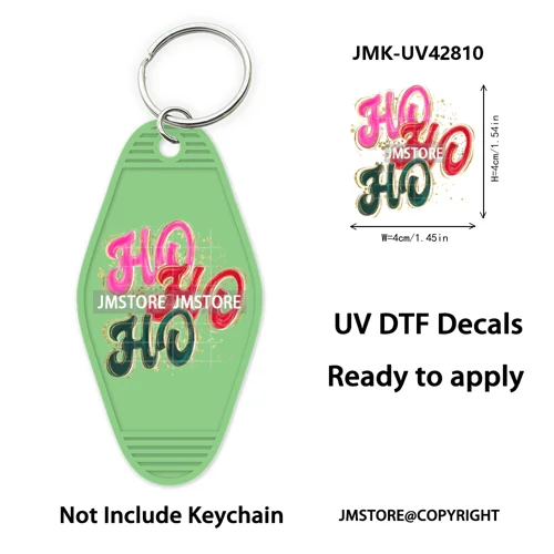 Holly Jolly Christmas Patchwork Santa UV DTF Motel Keychain Decal Ready To Ship Durable Transfer Stickers For Hotel Keychain