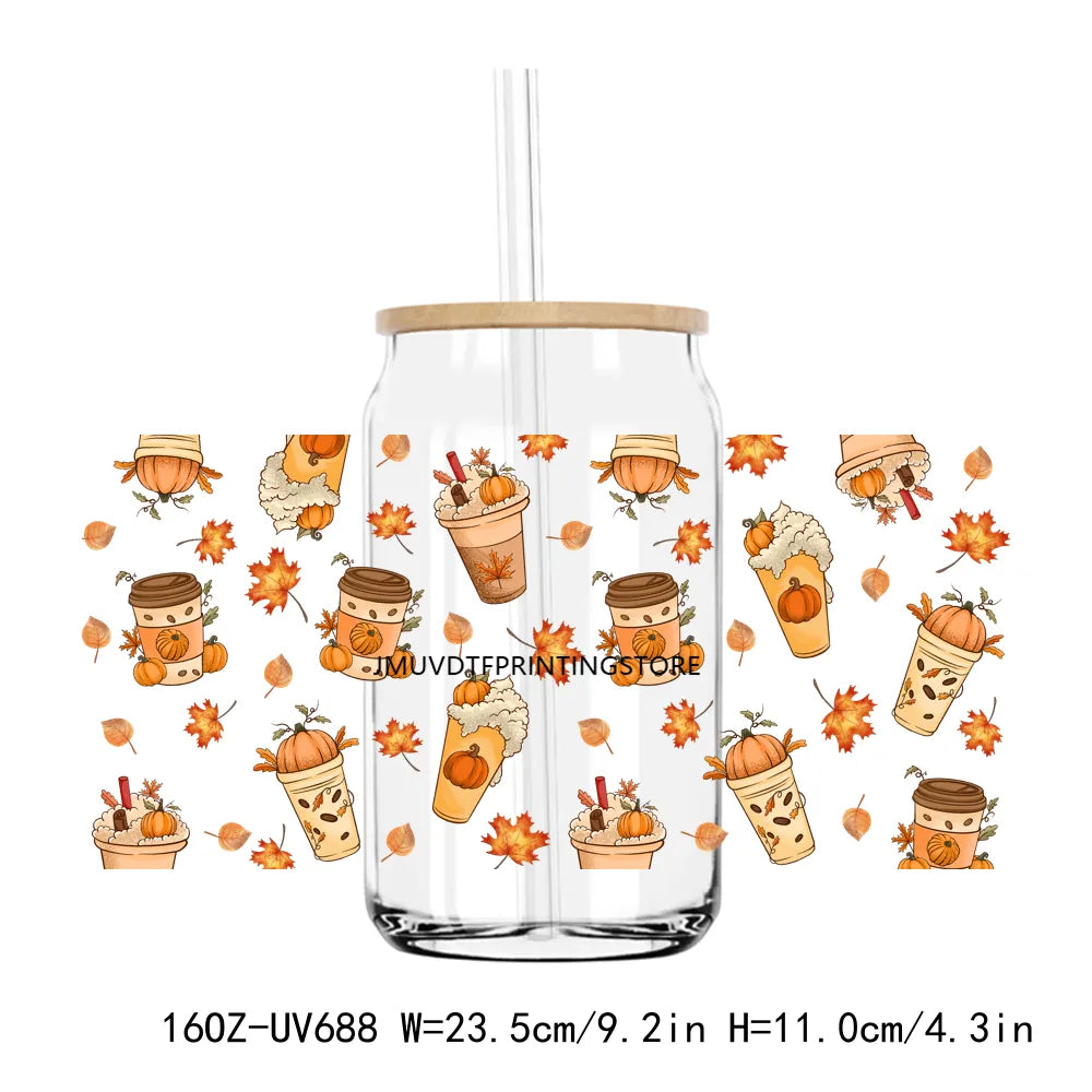 Fall Season Autumn Pumpkin 16OZ UV DTF Cup Wrap Transfers Stickers DIY Durable Waterproof Logo For Libbey Glass Can