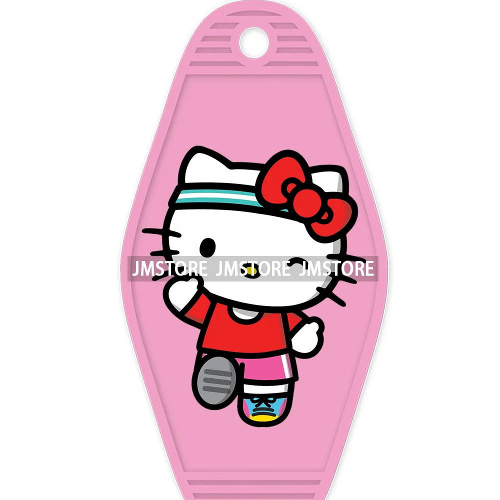 Cute Cartoon Pink Hello Cat With Bow Flower High Quality WaterProof UV DTF Sticker For Motel Hotel Keychain Labels DIY Logo