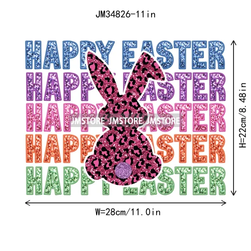 Colorful Faux Sequin Glitter Happy Easter Bunny University Letters Iron On DTF Transfers Stickers Ready To Press For Hoodies