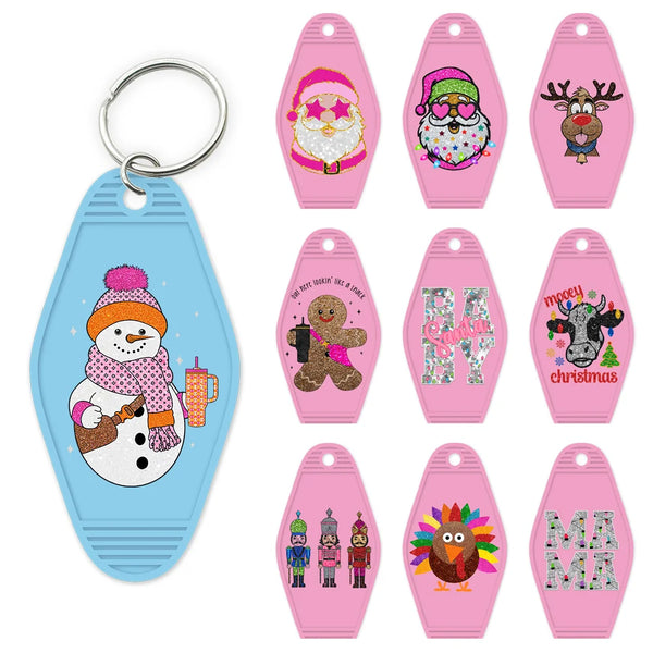 Glitter Christmas Santa With Sunglasses High Quality WaterProof UV DTF Sticker For Motel Hotel Keychain Reindeer Turkey