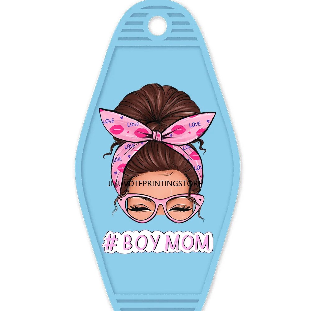 Boy Mom Messy Bun High Quality WaterProof UV DTF Sticker For Motel Hotel Keychian Birthday Girl