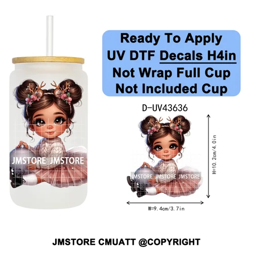 Chibi Cute Mexican Christmas Baby Girl UV DTF Decals Ready To Apply Waterproof Transfer Stickers For 16OZ Libbey Glass Can Mugs