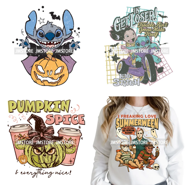 Pumpkin Spice Season Cartoon Horror Nightmare Halloween Vibes Iron on DTF Washable Transfers Stickers Ready to Press for Hoodies