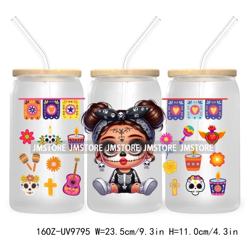 Day Of The Dead 16OZ UV DTF Cup Wrap Transfer Stickers Hispanic Chibi Baby Girl Custom Labels Waterproof For Libbey Glass Can