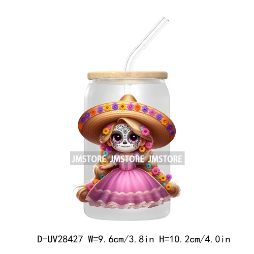 Cute Latina Cartoon Princess Baby Girl UV DTF Transfer Stickers Decals For Libbey Cold Cups Mug Tumbler Labels Sugar Skull Woman