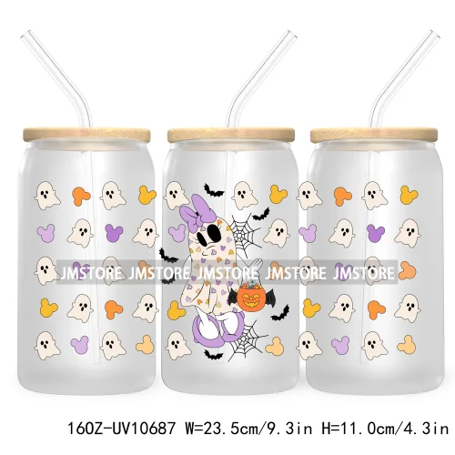 Fall Pumpkin Halloween Season 16OZ UV Cup Wrap DTF Transfer Stickers For Libbey Glass Can Cups Tumbler Cute Cartoon Mouse Ghost