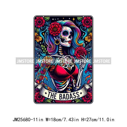 Custom Flower La Chismosa Dog Cat Lover Badass Skull Tarot Card  DTF Iron On Heat Transfers Stickers Ready To Press For Hoodies