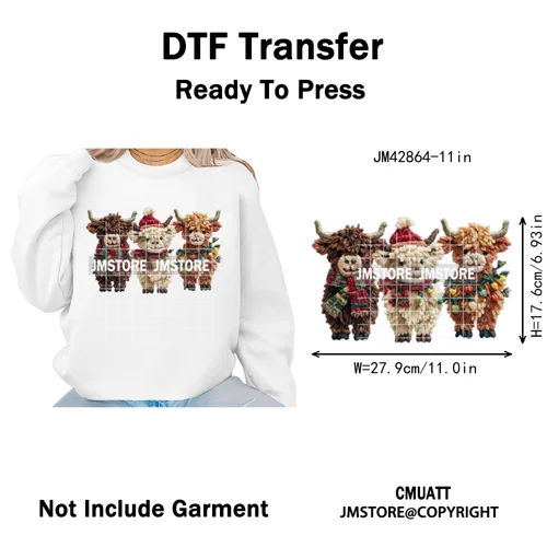 Faux Latch Hook Yarn Crochet Christmas Highland Cow Santa Iron on DTF Washable Transfer Stickers Ready to Press for Garment Bags