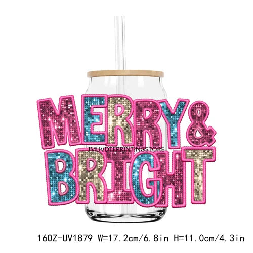 Merry Christmas Sequin 16OZ UV DTF Cup Wrap Transfers Stickers Custom Labels DIY Durable Waterproof Logo For Libbey Glass Can