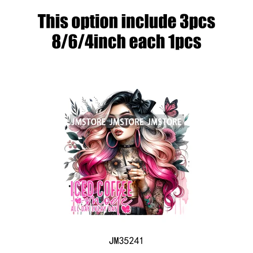 Cool Sarcasm Edgy Tattoo Idgaf Girl Iced Coffee Rebellious Women Iron on DTF Transfers Stickers Ready to Press for Clothing Bags