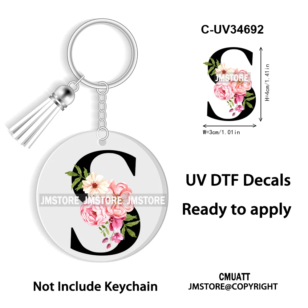 Floral Whole Entire Alphabet Flowers Black Letters Monogram WaterProof UV DTF Stickers For Round Circle Acrylic Keychain Keyring