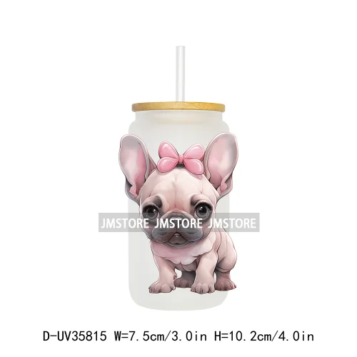 Cute Puppy Coquette Bow Baby Dog UV DTF Transfer Stickers Decals Ready To Apply Waterproof For 16OZ Libbey Glass Can Cup Tumbler
