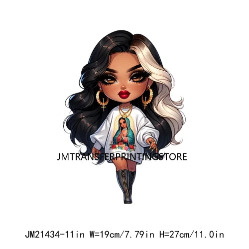 Chibi Cute Chicana Doll Guadalupe Lady Skull Latina Woman Cold Peel Decals Iron On DTF Transfers Stickers For Shirts Bags Pillow