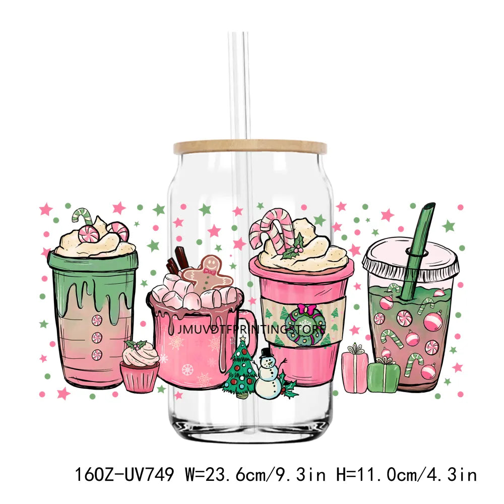 Pink Christmas Coffee Drink 16OZ UV DTF Cup Wrap Transfers Stickers Custom Labels DIY Durable Waterproof Logo For Libbey Glass