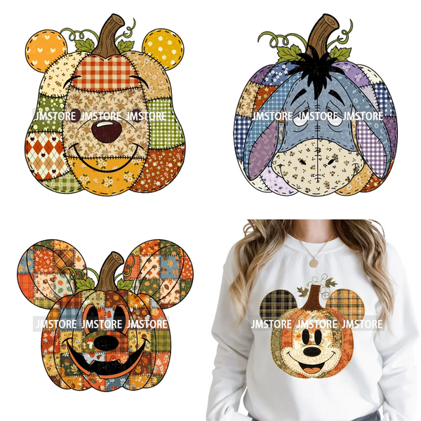 Preppy Floral Cartoon Friends Fall Patchwork Pumpkin Halloween Iron on Washable DTF Transfer Stickers Ready to Press for Clothes