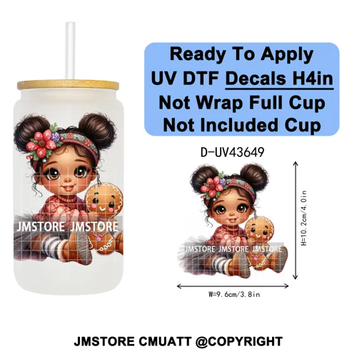 Floral Christmas Latina Chibi Girl UV DTF Transfer Stickers Decals Ready To Apply Good Quality Prints For Libbey Cold Cup Mugs