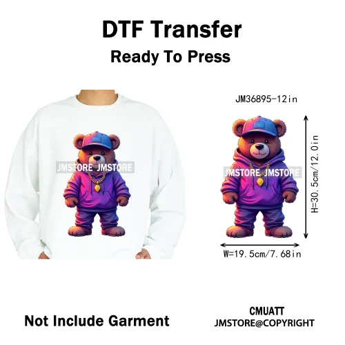12in Colorful Graffiti Urban Stree Vibes Fearless Gangster Bear Washable Iron on DTF Transfer Sticker Ready to Press for Clothes