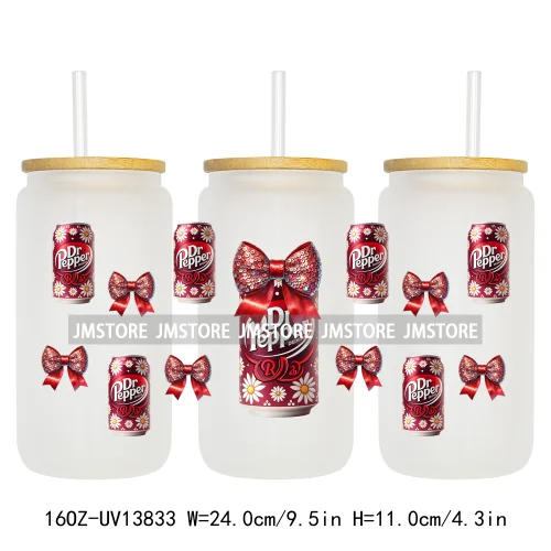 Soft Drink Pink Bow Coquette Strawberry UV DTF Wraps Transfer Sticker Selfadhesive Waterproof  For 16OZ Libbey Glass Can Tumbler