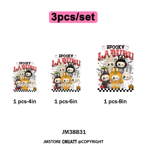 Cute Checkered Spooky Doll Monster Characters Halloween Iron on DTF Washable Heat Transfers Stickers Ready to Press for Textile