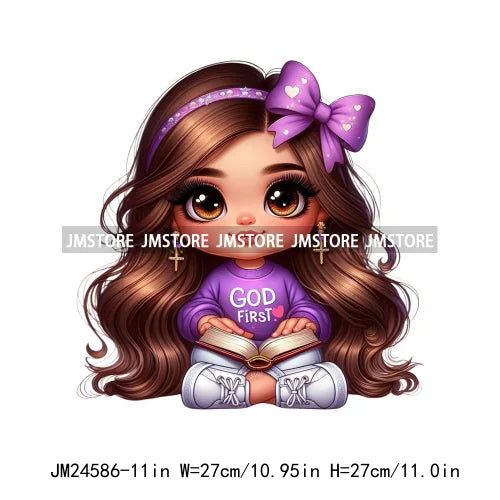 God First Chibi Cute Brown Hair Latina Dolls Baby Girls Coquette Bow Iron On DTF Transfer Stickers Ready To Press For Hoodies