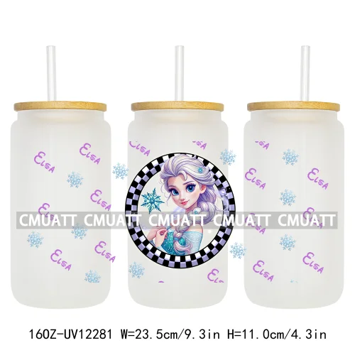 Colorful Round Cartoon Princess Girls 16OZ UV DTF Cup Transfer Wrap Transfer Stickers Waterproof DIY Logos For Libbey Glass Can