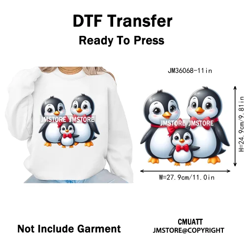 Cute Animal Penguins Coquette Hat Family Mom Father Baby Lovers Iron on DTF Heat Transfer Stickers Ready to Press for Hoodies