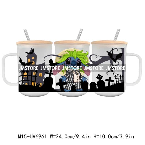 Horror Halloween Cartoon Scary Movie UV DTF Glass Can Wrap For 15OZ Mug Coffee Cup Transfer Sticker DIY Custom Logo Labels Skull