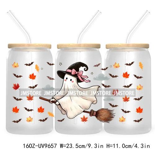 Spooky Ghost Fall Halloween Pumpkin Season UV DTF Sticker For 16OZ Libbey Glass Cup Can Autumn Leaves Wrap Transfer Stickers