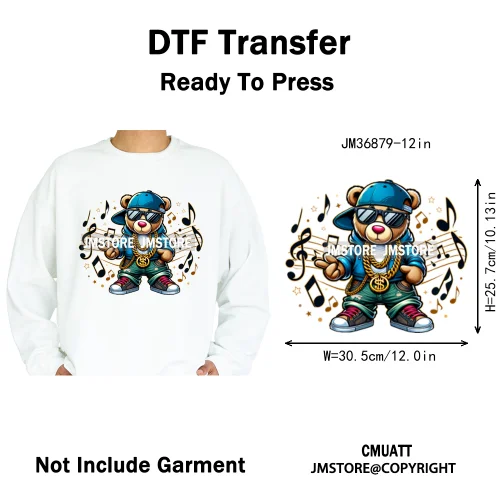 12in Colorful Graffiti Urban Stree Vibes Fearless Gangster Bear Washable Iron on DTF Transfer Sticker Ready to Press for Clothes