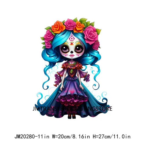 Cute Doll La Catrina Day Of The Dead Sugar Skull Mexican Halloween Iron On DTF Transfer Stickers Ready To Press For Hoodies Bags