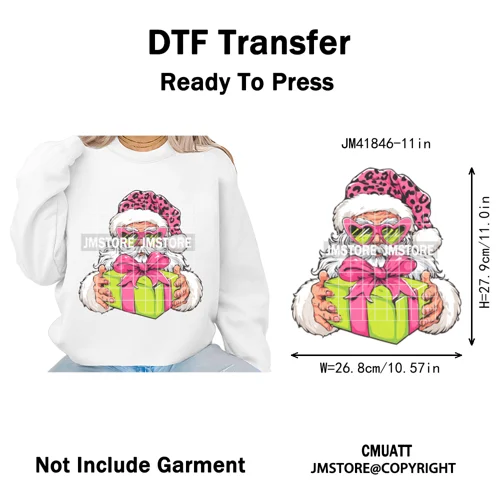 Pink Cartoon Glasses Coffee Drink Leopard Blowing Santa Claus Christmas Iron on DTF Transfer Stickers Ready to Press for T-shirt