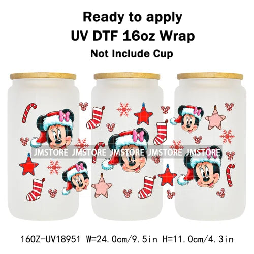 Festive Mouse Christmas Candy Cane 16OZ UV DTF Cup Wraps Ready To Apply Waterproof Transfer Stickers For Libbey Glass Can Bottle