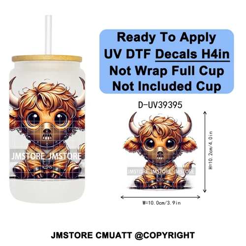 Highland Cow Horror Character Coquette Pumpkin UV DTF Decals Ready To Apply Durable Transfer Stickers For 16OZ Libbey Glass Can