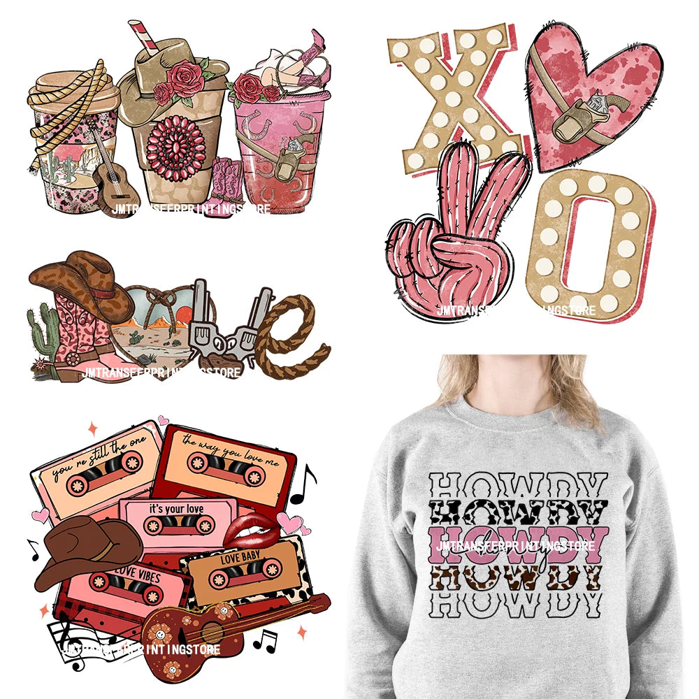 Western Howdy Honey Valentine DTF Decals Cowgirl Cowboy Candy Heart Love Music Cassettes DTF Heat Transfer Stickers For Hoodies