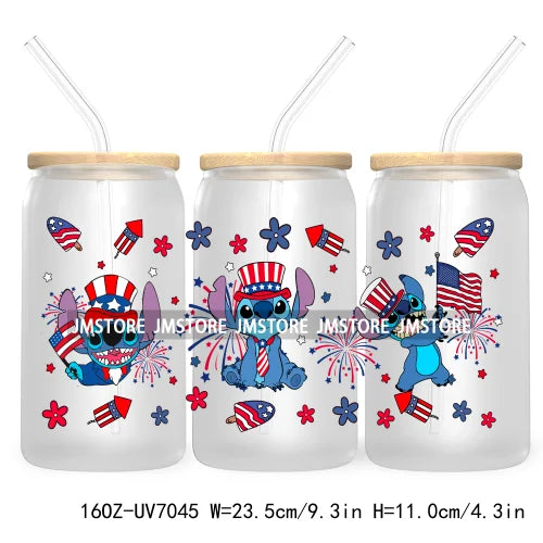 Happy 4TH Of July Cartoon Bear Friends 16OZ UV DTF Cup Wrap Transfer Stickers For Libbey Glass Can Cups Tumbler Waterproof Craft