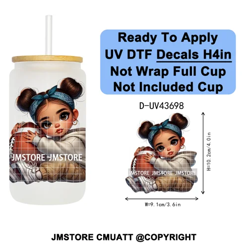 Cute Latina Baby Girl American Football UV DTF Cup Decals Ready To Apply Transfer Stickers Durable For Libbey Glass Can Tumbler