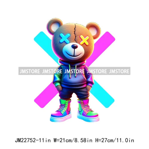 Cool Neon Colorful Hip Hop Streetwear Urban Teddy Bear Iron On DTF Transfers Stickers Ready To Press For Clothing Bags