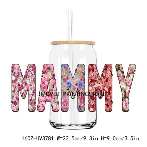 Flower Family Mama Nana UV DTF Sticker For 16OZ Libbey Glass Cup Can Wrap Transfer Sticker Custom Labels DIY Logo Dogmom