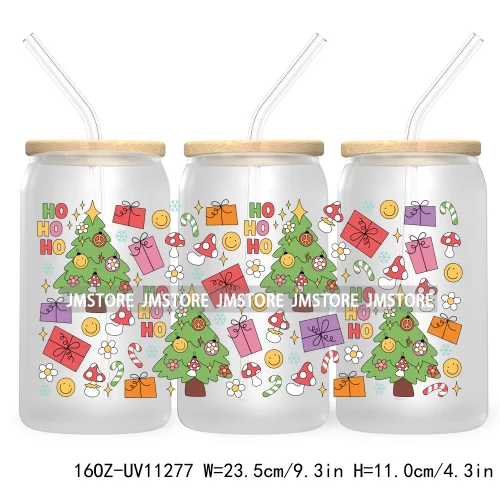 Happy New Year Christmas Tree Gingerbread 16OZ UV Cup Wrap DTF Transfer Stickers For Libbey Glass Can Cups Tumbler Waterproof