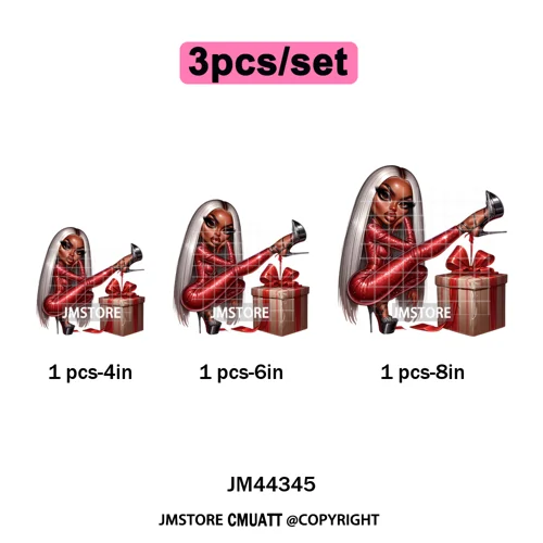 Cool African Melanin Girls Christmas Season Holiday Moody Iron on Washable DTF Heat Transfer Stickers Ready to Press for Hoodies