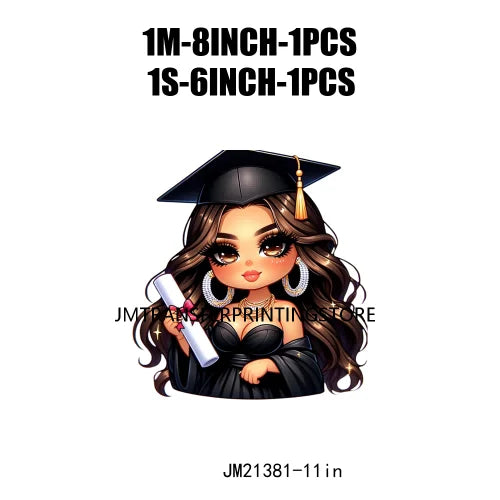 Cool Pretty Chibi Latina College Graduation Girls Educated Diploma Iron On DTF Transfer Stickers Ready To Press For T-shirts